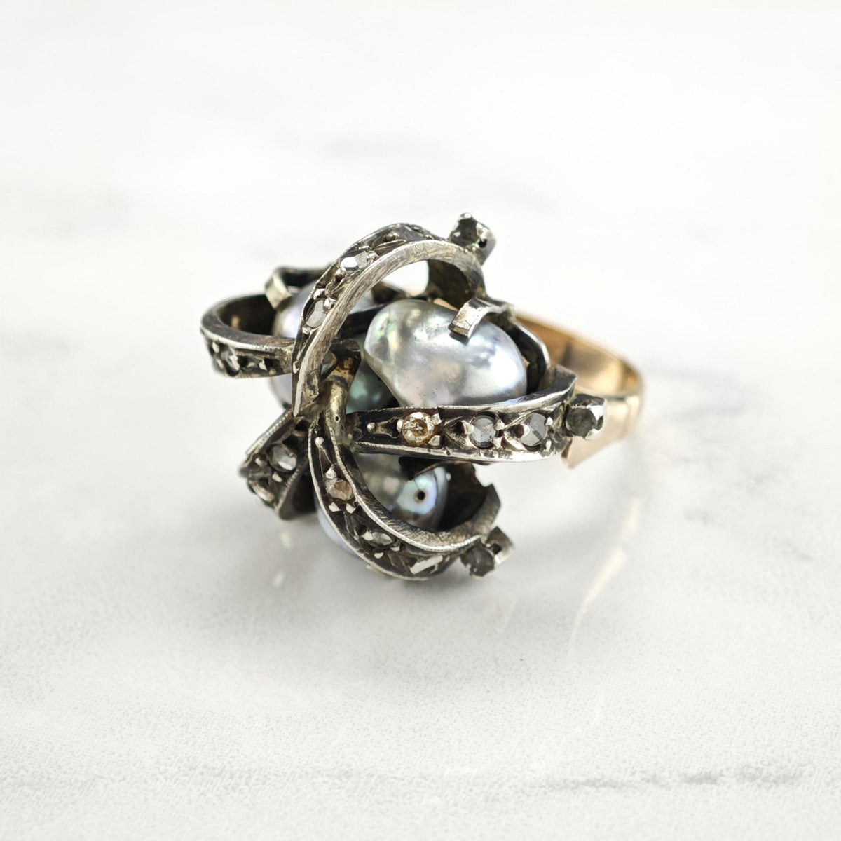 Mid-Century Rosecut Diamond, Pearl 10K Gold & Silver Ring Sz 6 R6775