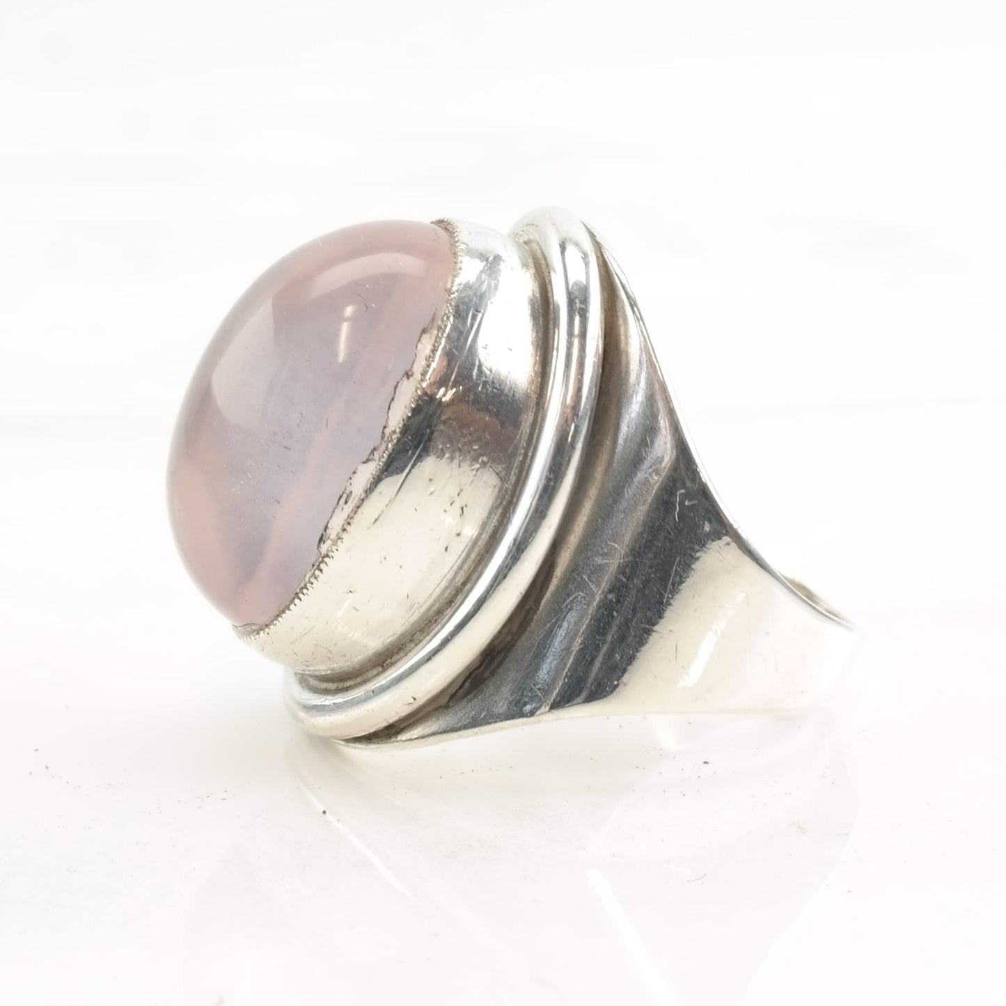 Vintage European Modernist Silver Ring Rose Quartz Size 6 3/4