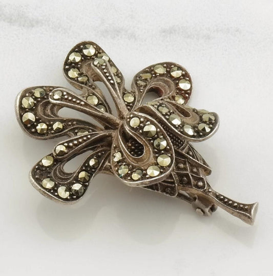 Antique Marcasite Orchid Silver Brooch Sterling