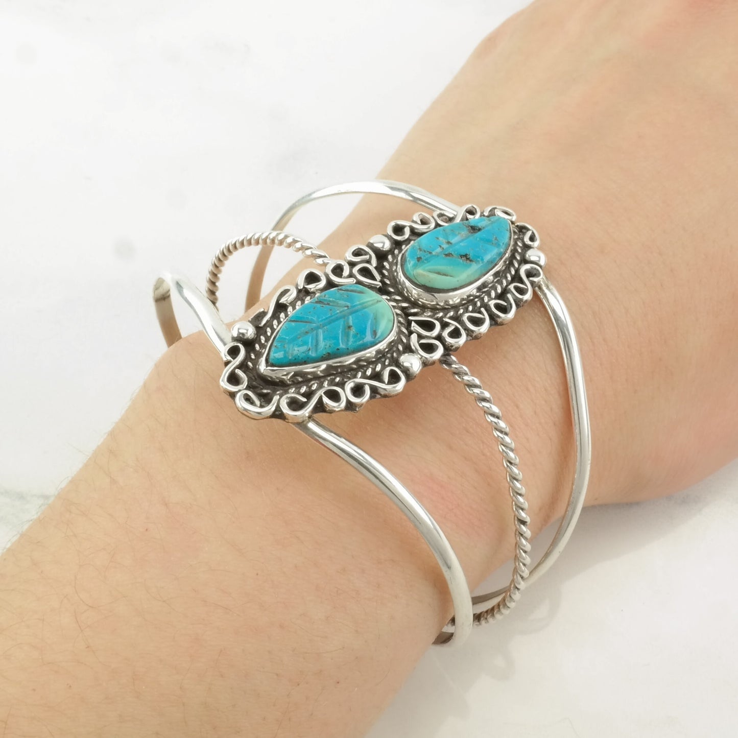 Native American Sterling Silver Cuff Bracelet Carved Turquoise