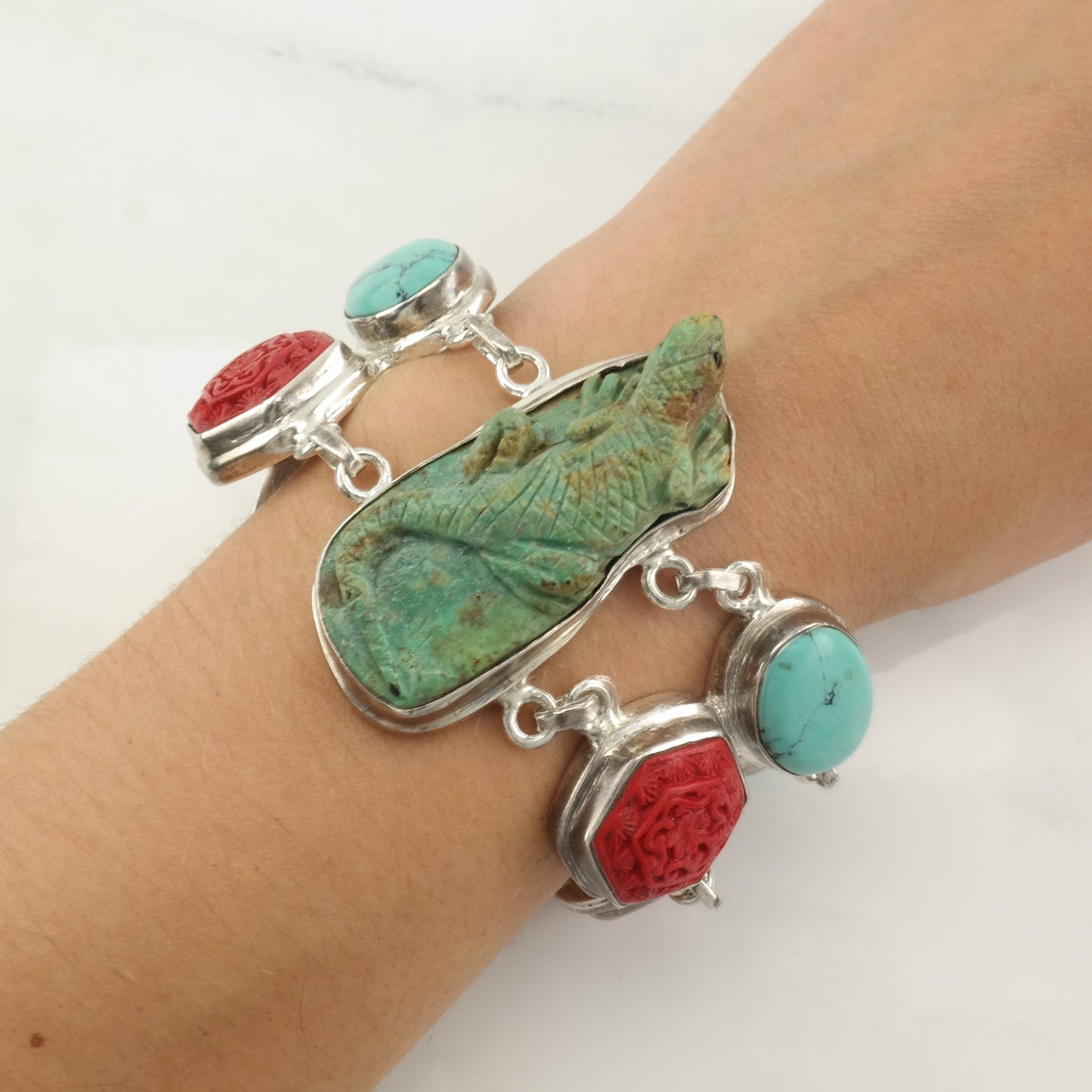 Sterling Silver Turquoise, Cinnabar, Lizard, Carved Link Bracelet