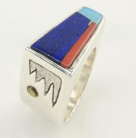 Vintage Native American Silver Ring Lapis Coral Opal Inlay Sterling Multicolor Size 8 1/4