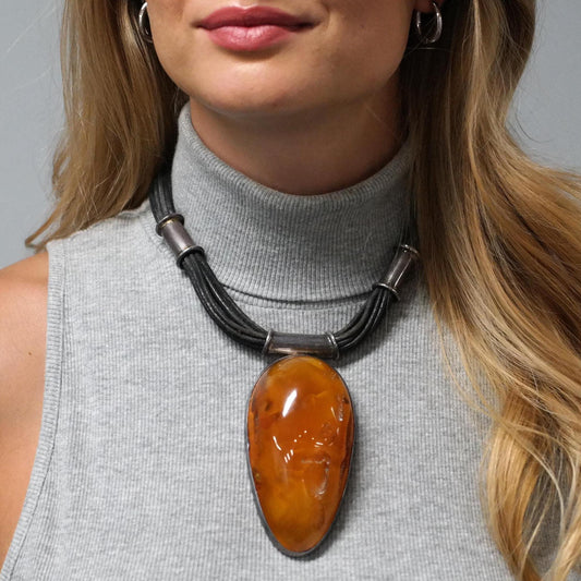 Enormous Natural Baltic Amber Pendant Leather Cord Sterling Silver Necklace N1438