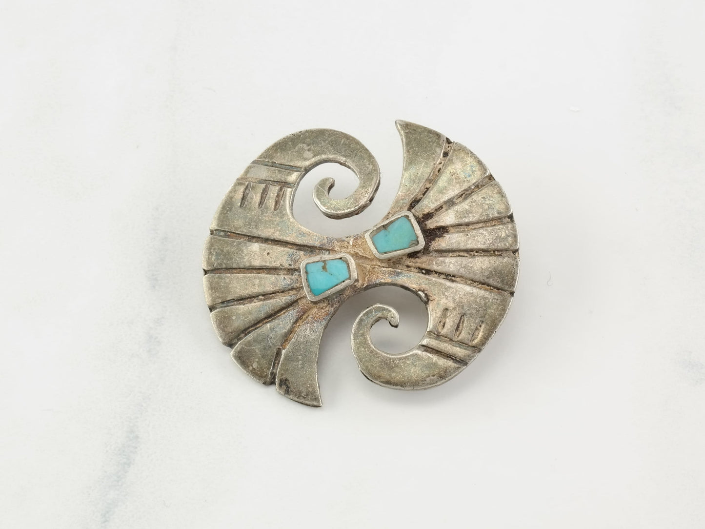 Hopi Sterling Silver Brooch Scroll Blue Turquoise