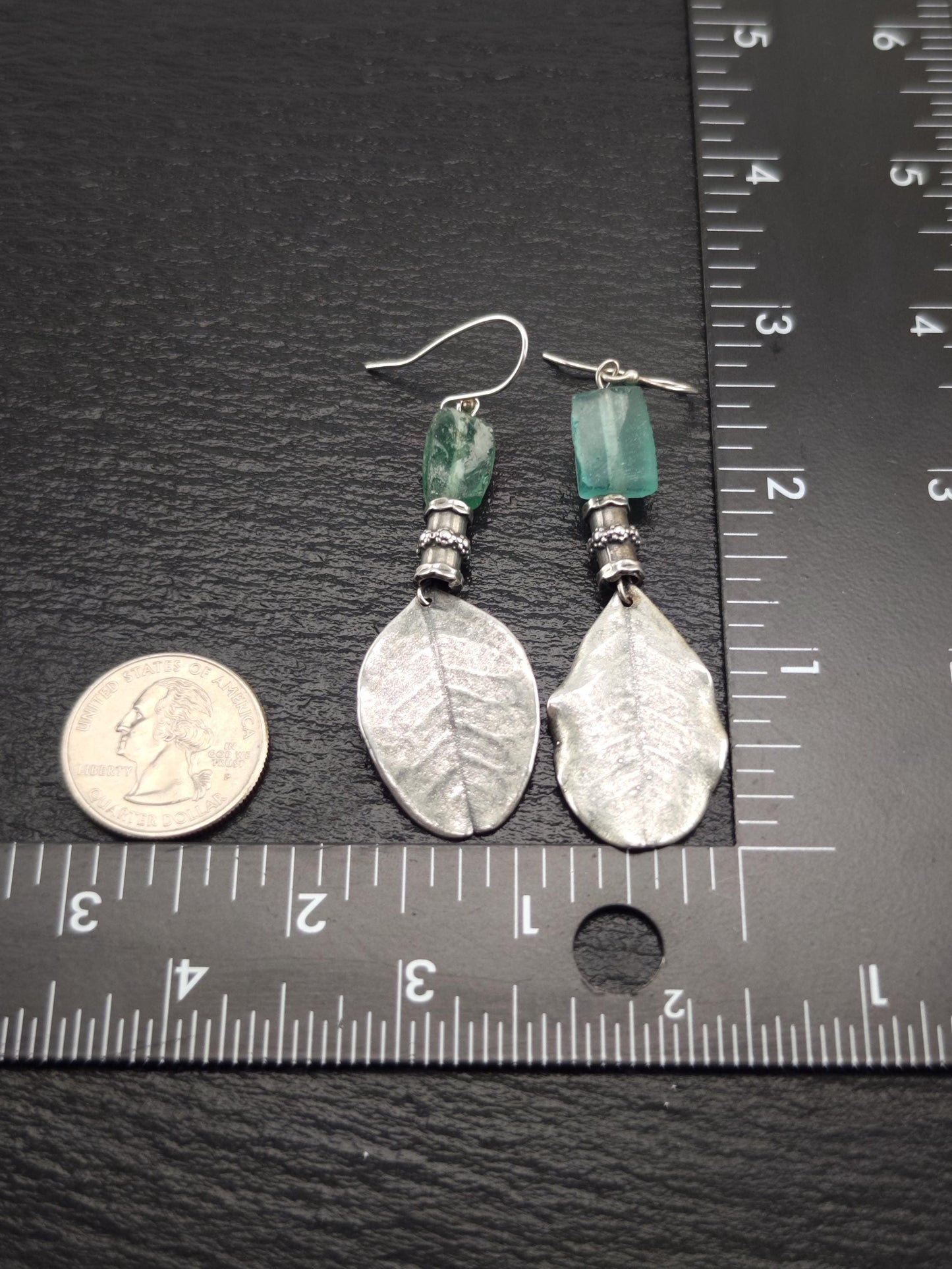 Vintage Green Sea Glass, Leaf Fish Hook Earrings Sterling Silver