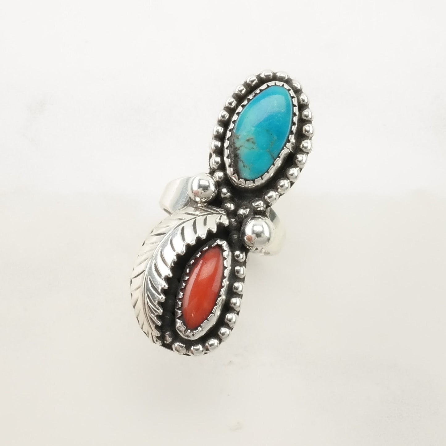 Native American Silver Ring Turquoise, Coral Leaf Sterling Size 5 1/2