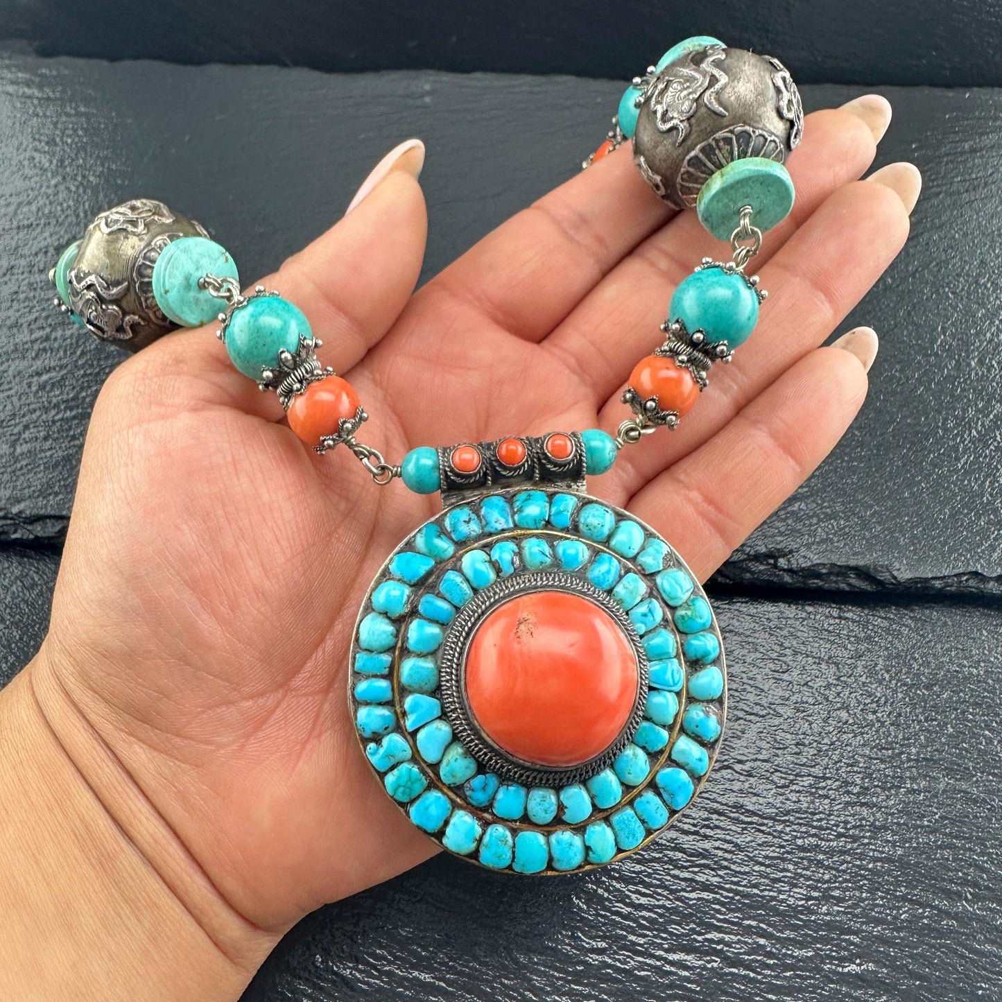 Authentic Nepalese Turquoise, Coral Lg Locket Necklace Sterling Silver N2577