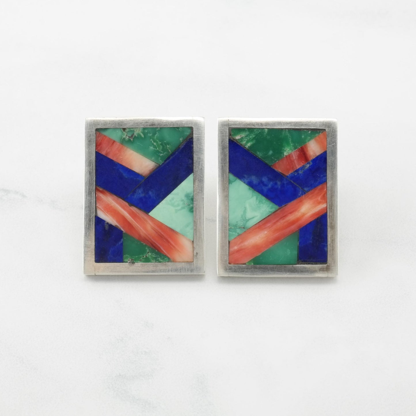 Vintage Native American Inlay Stud Earrings Sterling Silver Turquoise Spiny Oyster Lapis