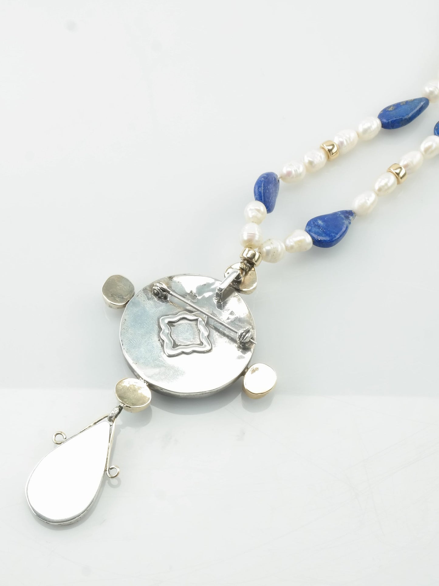 Vintage Sterling Silver White Blue FW Pearl Lapis Lazuli Gold Color Beads Necklace