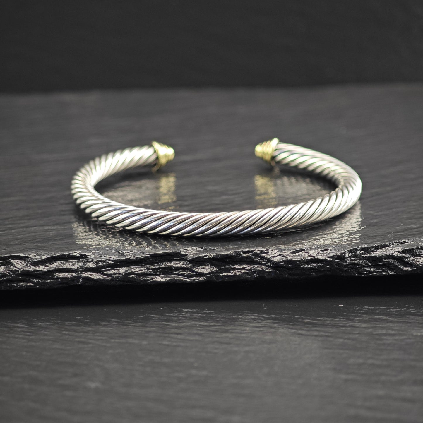 David Yurman 5mm 14K Gold Accent Cable Cuff Bracelet Sterling SIlver