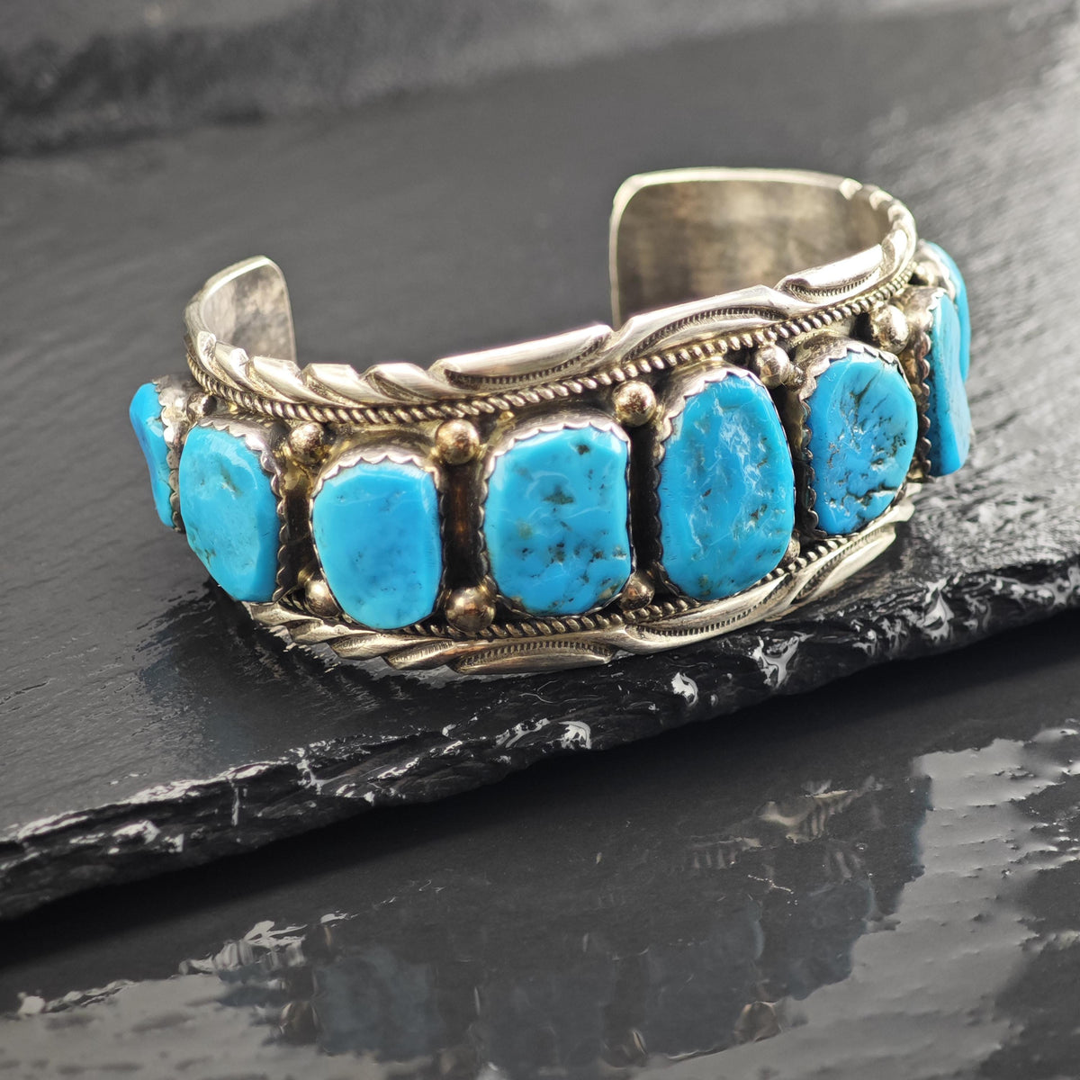 Vintage Navajo, Sleeping Beauty 9 Stone Turquoise Sterling Silver Cuff Sz 7" BR3128
