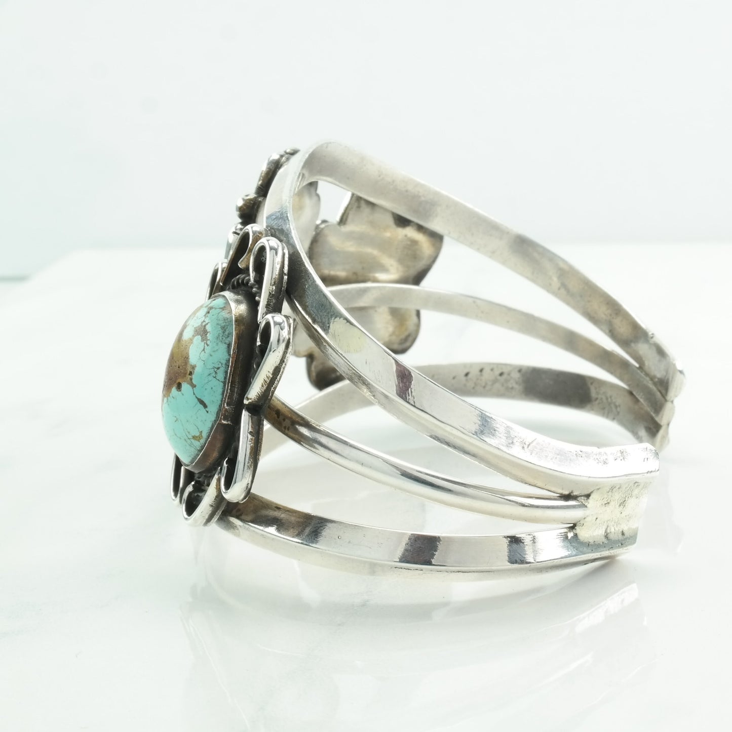 Number Eight Turquoise Native American Sterling Silver Cuff Bracelet Three Stone