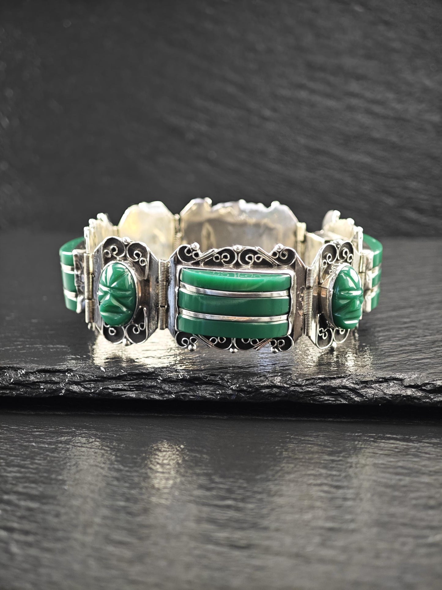 Mexico Green Onyx, Mask Panels Bracelet Sterling Silver