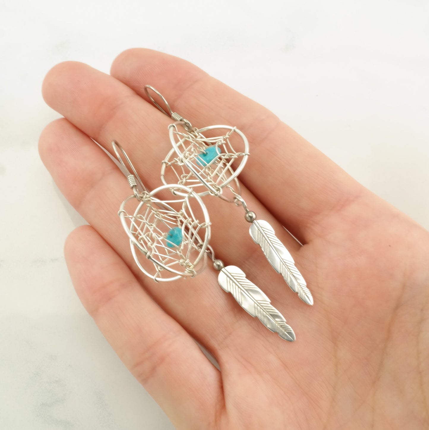 Southwest Sterling Silver Turquoise Dreamcatcher, Feather Earrings Fish hook