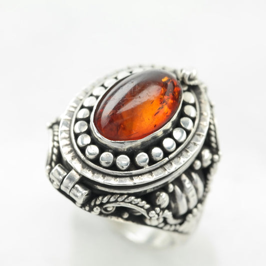 Vintage Amber Poison Ring, Sterling Silver Size 7 1/4