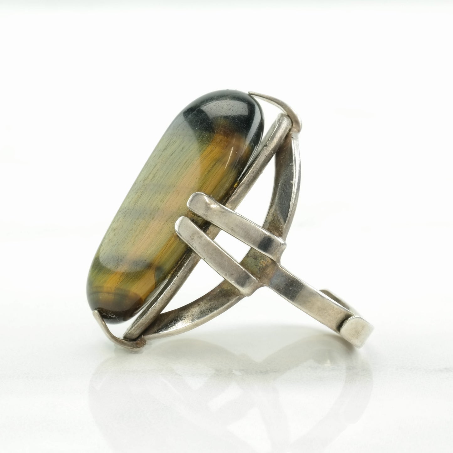 Mid Century Silver Ring Tigers Eye Sterling Size 5 3/4