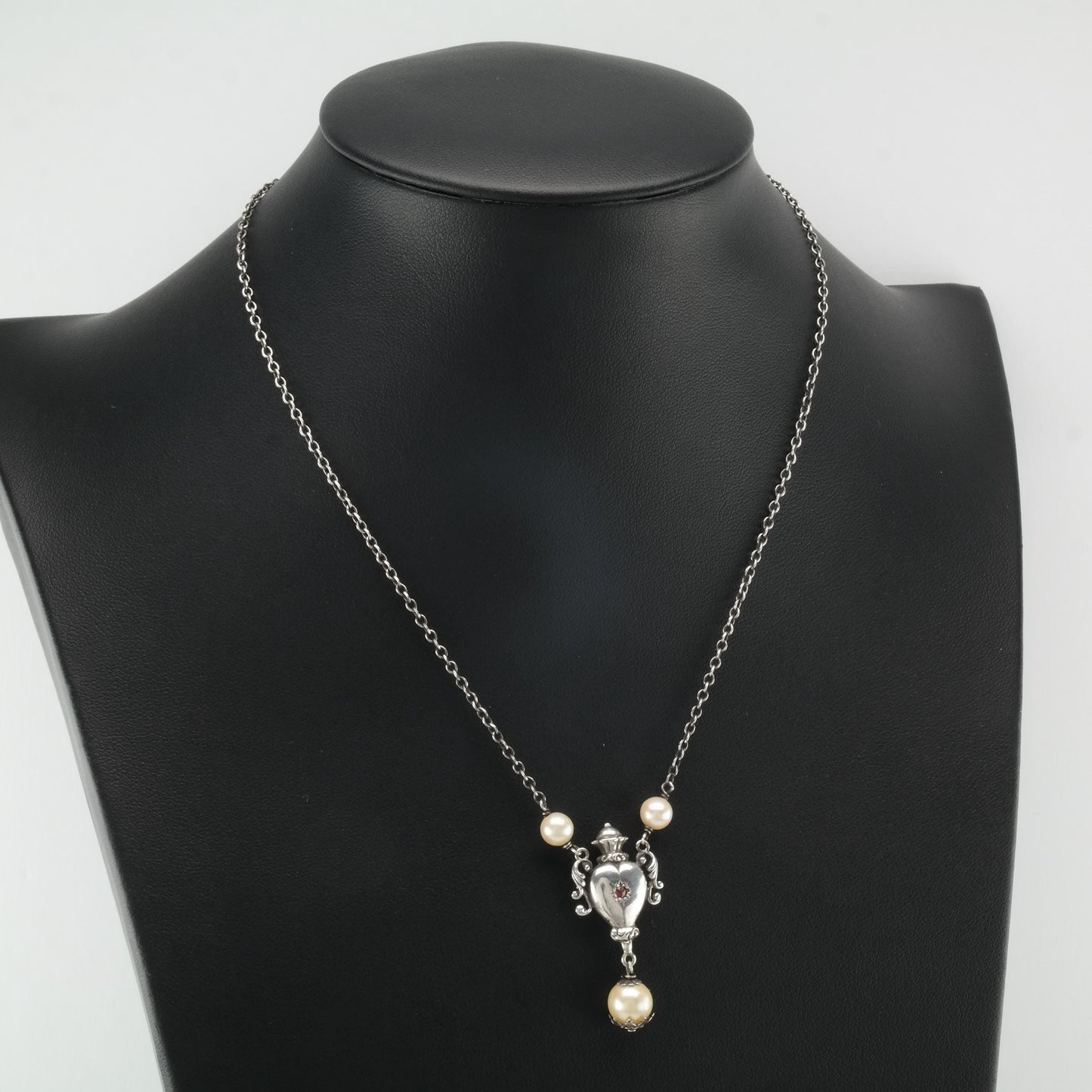Vintage Art Novaue Natural Pearl, Rose Cut Ruby Urn Sterling Silver Necklace N2377