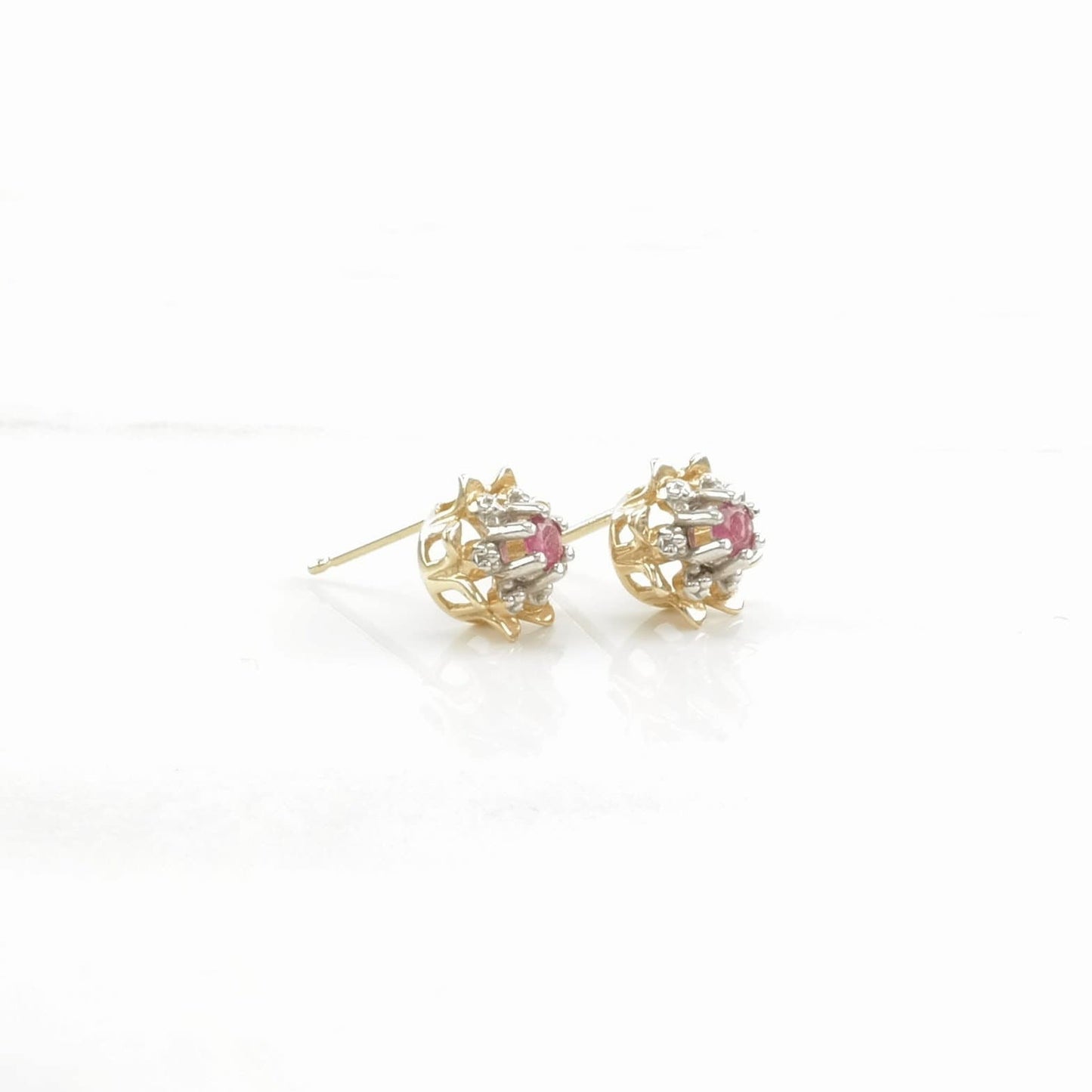 Vintage 14k Gold Stud Earrings Pink Ruby Floral