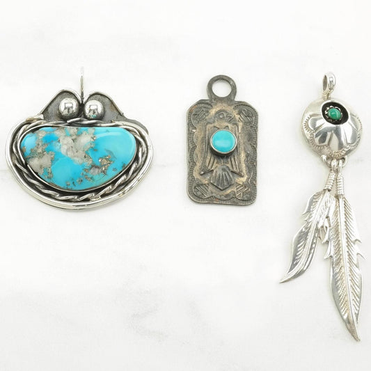 Vintage Turquoise, Coral Feather, Bird Sterling Silver Pendant