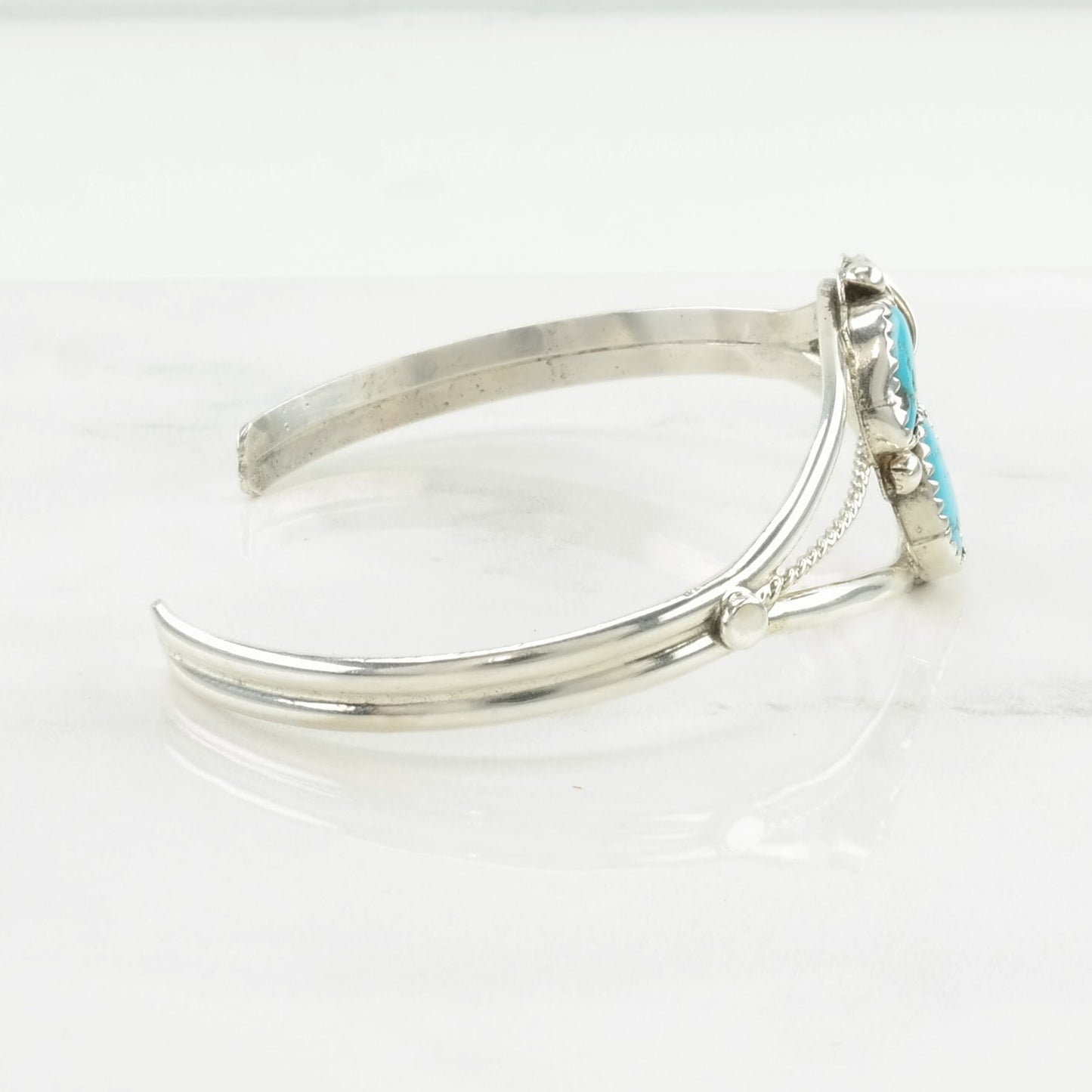 Native American Sterling Silver Cuff Bracelet Blue Turquoise Two Stone, Leaf