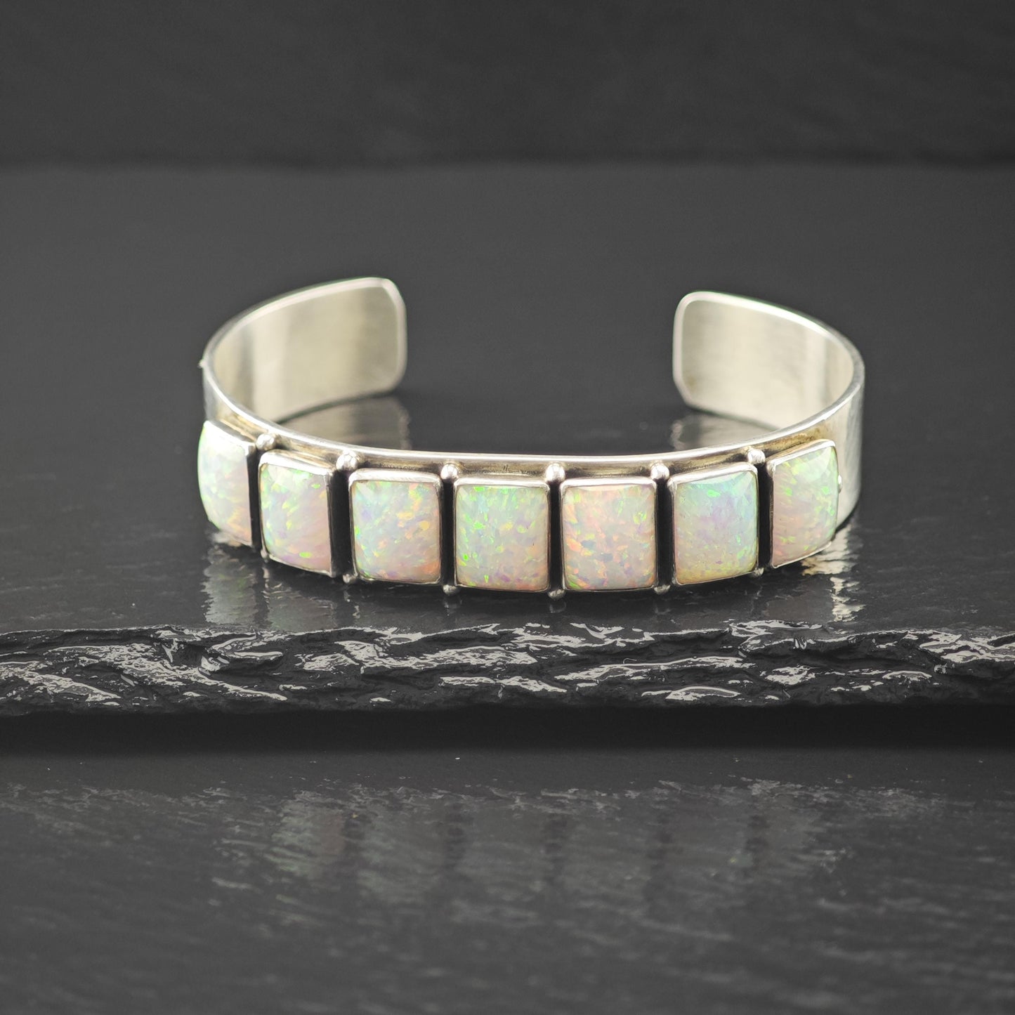 Navajo, Leonard James Lab Opal Cuff Bracelet Sterling Silver