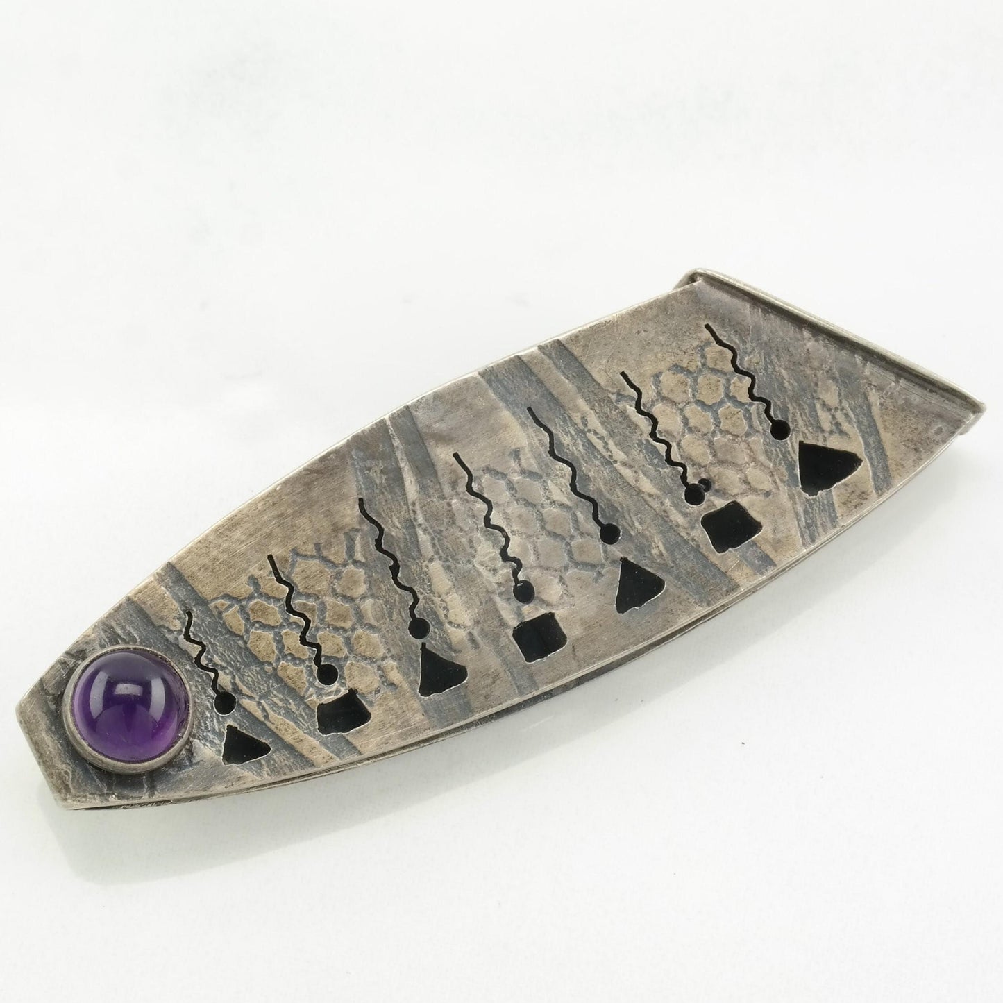 Abstract Sterling Silver Brooch Textured Purple Amethyst Fish