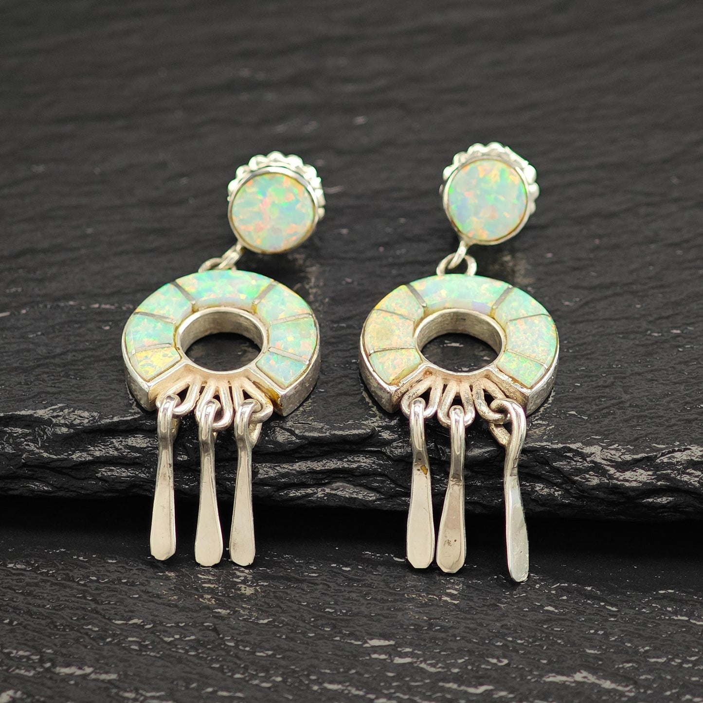 Native American Earrings with Calvin Begay Rainbow Lab Opal Inlay Sterling Silver