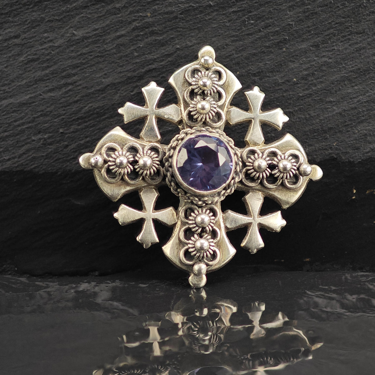 Color Change Corundum Jerusalem Cross 900 Silver Pendant/Brooch P3131