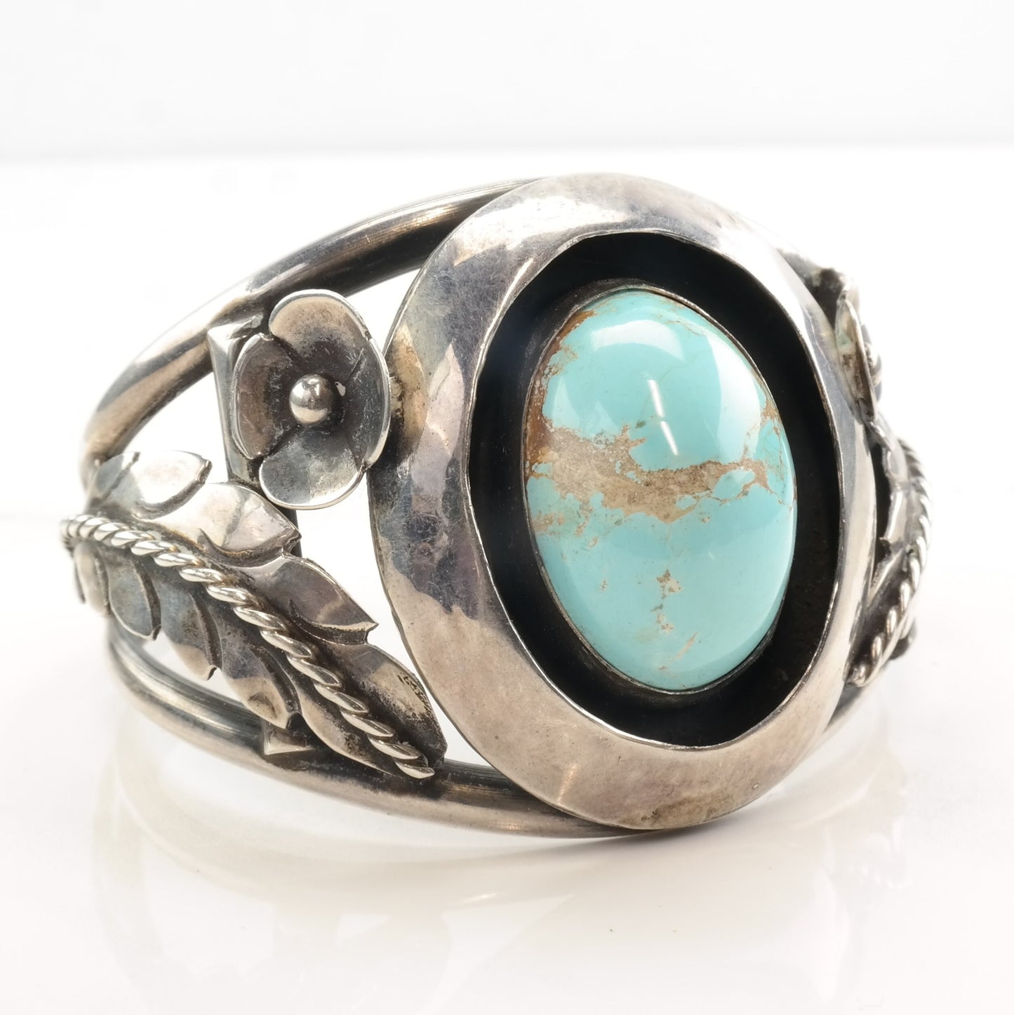 Native American Sterling Silver Persian Turquoise Flower Leaf Shadowbox Cuff Bracelet