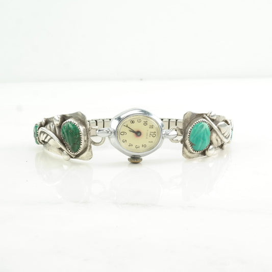 Vintage Native American, For Repair Sterling Silver Stretch Watch Bracelet Blue Turquoise Floral