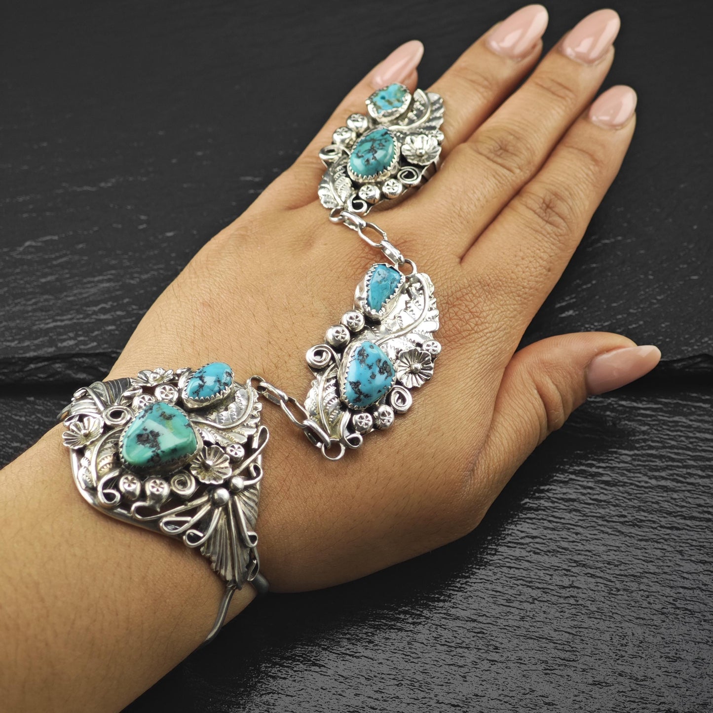 Native American Turquoise Floral Cuff Ring Bracelet Combo Sterling Silver