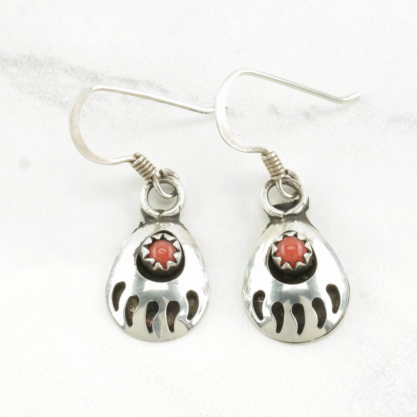 Native American Sterling Silver Coral Bear Paw Earrings Fish hook