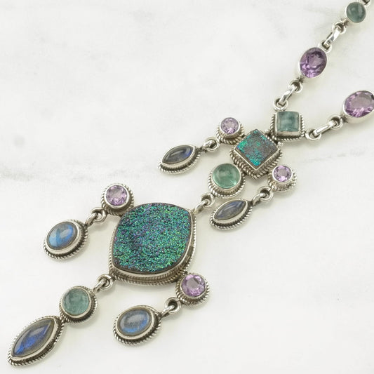 Nicky Butler Dangle Necklace Sterling Silver Purple, Green Labradorite, Amethyst, Druzy