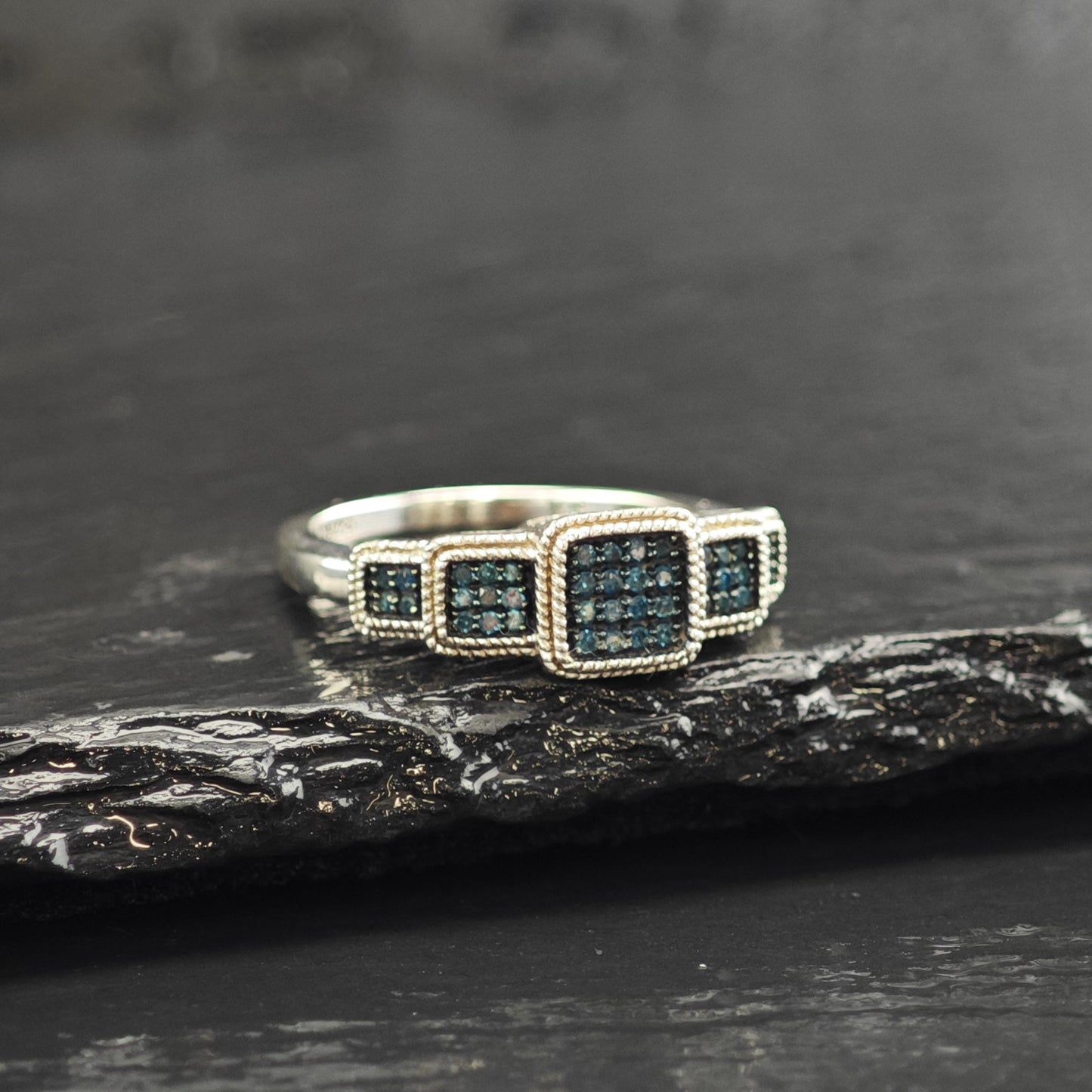 Blue Diamond Square Design Sterling Silver Sz Ring 9 R6604