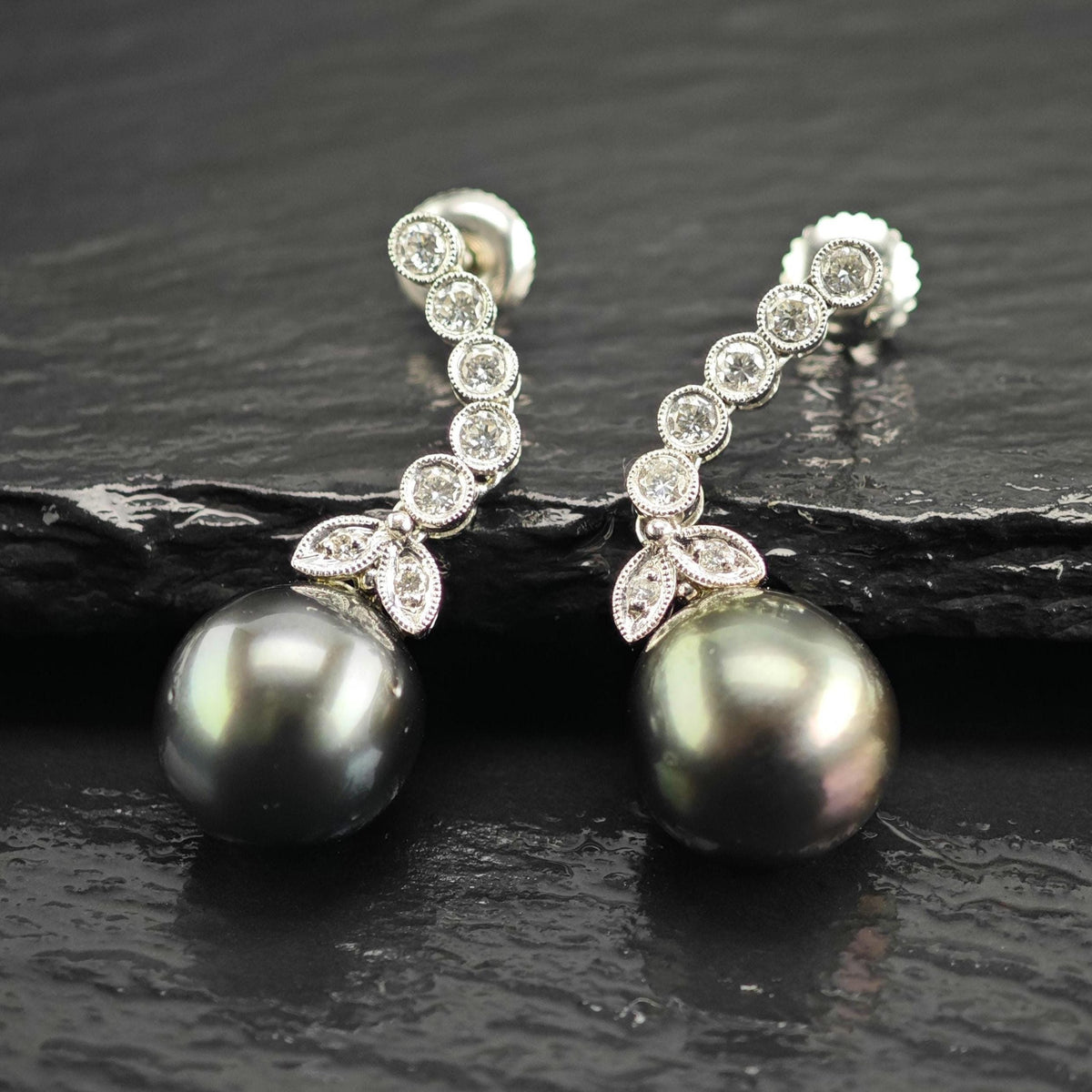 11mm Tahitian Pearl Diamond, 18K White Gold Stud/Dangle Earrings ER3220