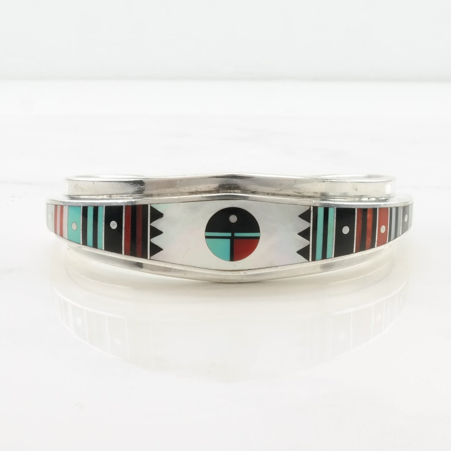 Native American, Benally Sterling Silver Cuff Bracelet MOP, Onyx, Turquoise, Coral Inlay