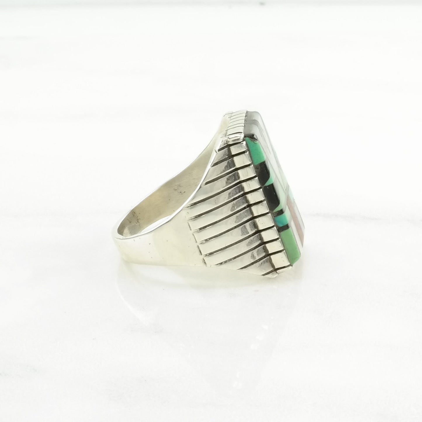 Native American Silver Ring Turquoise, Coral, MOP, Onyx Inlay Sterling Size 11 3/4