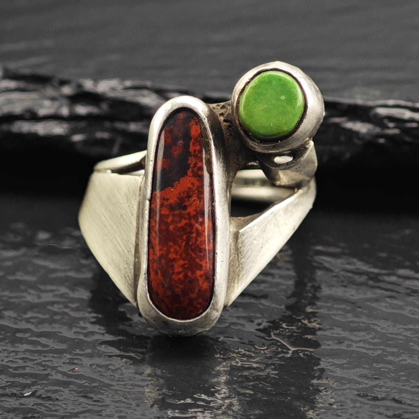 Modernist Brown Gemstone & Turquoise Sterling Silver Ring Sz 5 1/2 R6605
