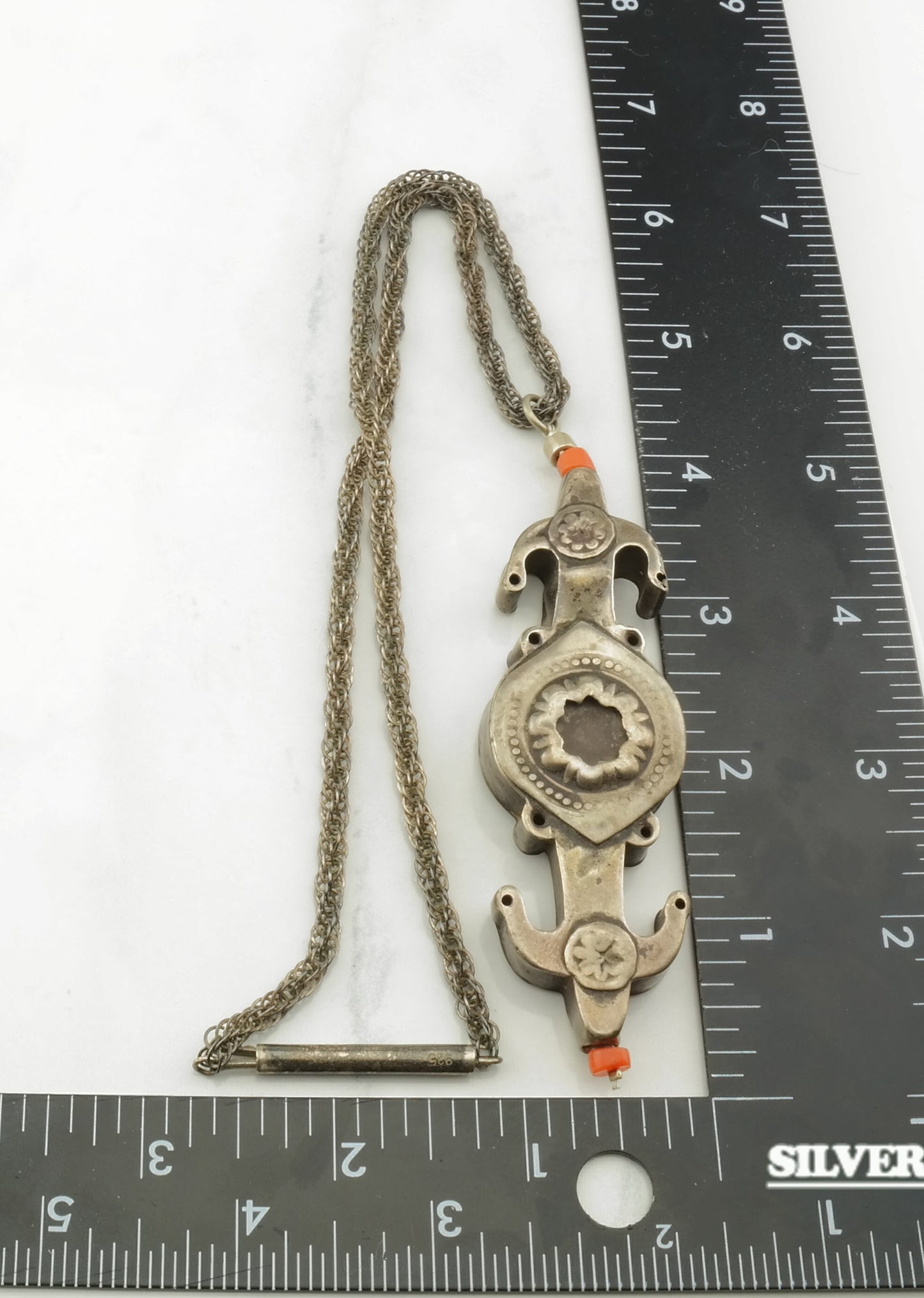 Vintage Ethnographic Sterling Silver Yamod Turkomans Coral Accent Plaque Pendant Necklace