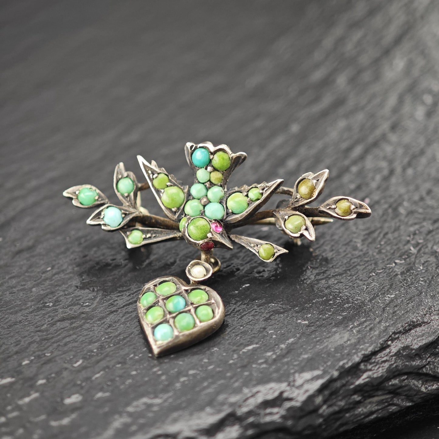 Victorian, Antique Bird, Heart Blue, Green Turquoise, Pink Ruby Brooch Sterling Silver