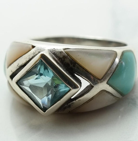 Vintage Sterling Silver Ring CZ Turquoise MOP Size 5