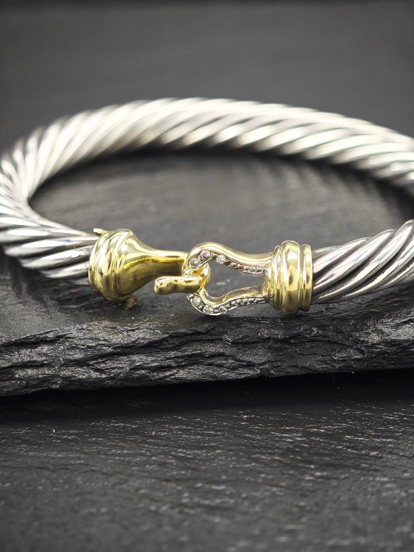 David Yurman 7mm 14K Gold, Diamond, Buckle Bangle Bracelet Sterling Silver