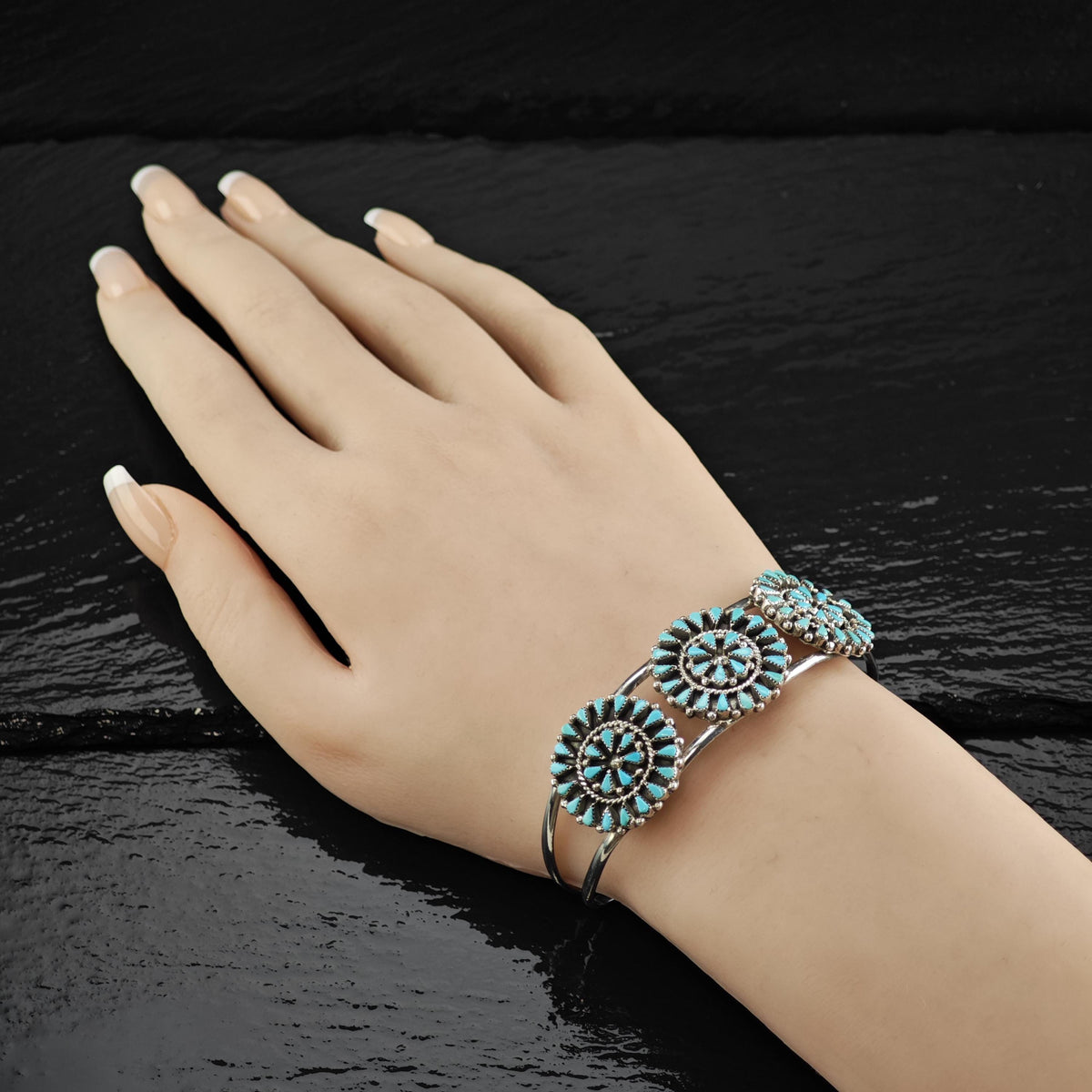 Vintage Zuni Native American Needlepoint Turquoise Sterling Silver Cuff Bracelet Sz 6 3/4" BR3168