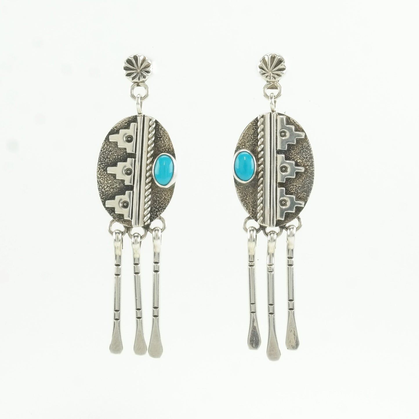 Native American Sterling Silver Blue Turquoise Overlay Earrings Stud, Dangle