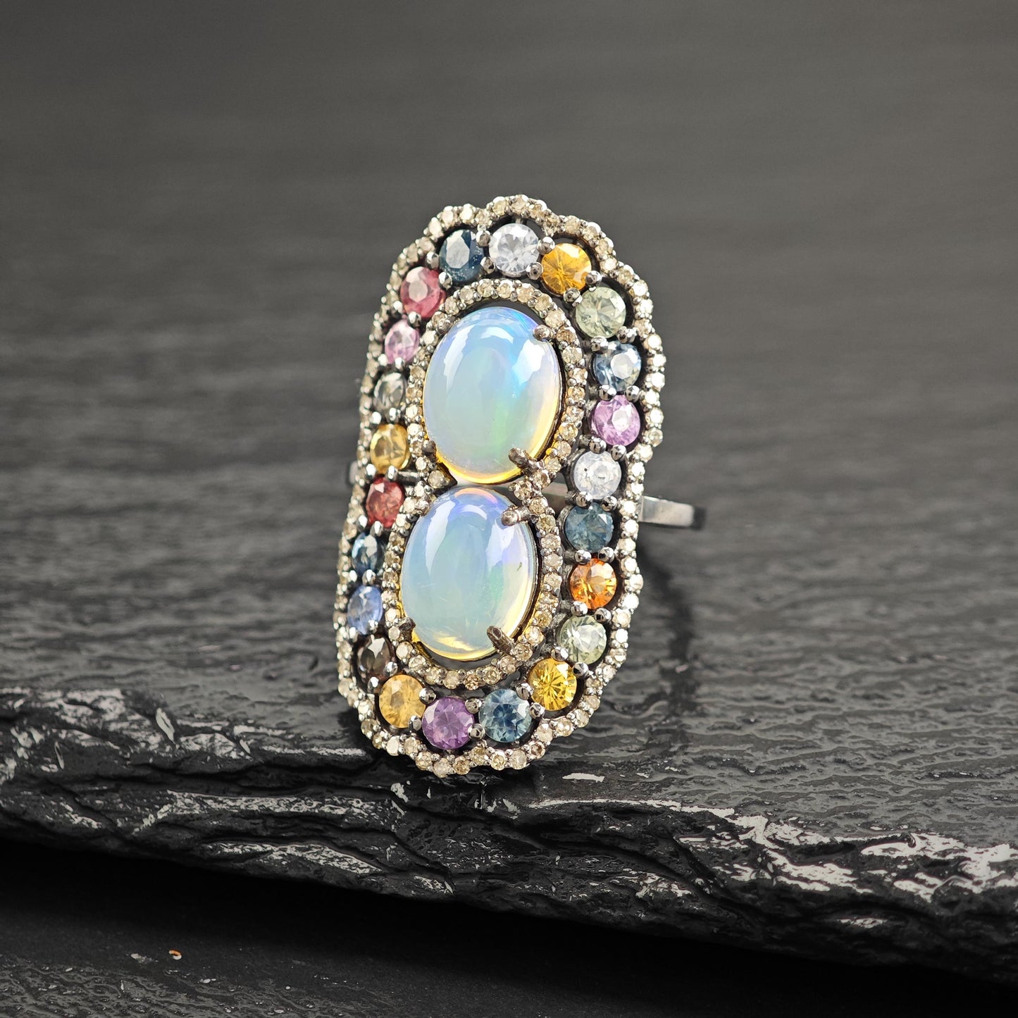 Opal Diamond Ring with Sapphire Accents in Oxidized Sterling Silver R5804