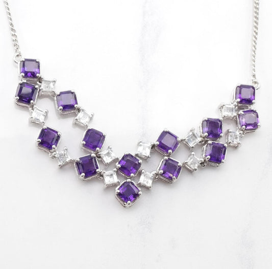 Vintage Sterling Silver Amethyst & Topaz Necklace | Geometric Design | Adjustable Length