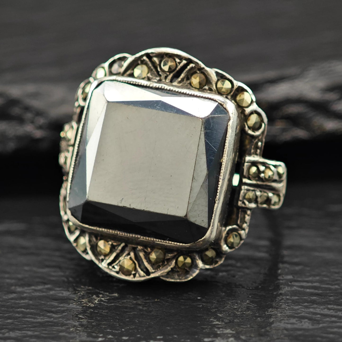 Art Deco Hematite Marcasite Ring Sterling Silver Sz 5 1/4 R6151