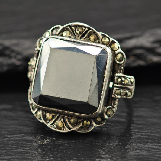 Art Deco Hematite Marcasite Ring Sterling Silver Sz 5 1/4 R6151