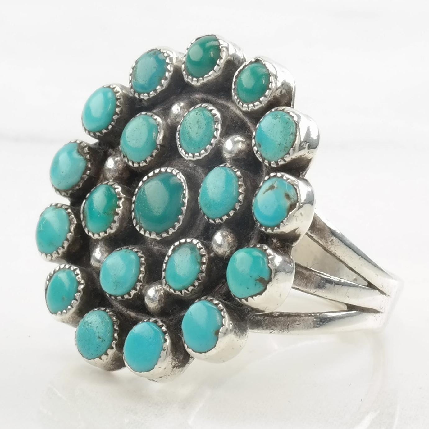 Vintage Native American Turquoise Cluster Ring, Sterling Silver, Size 8 1/2, Circa 1970s