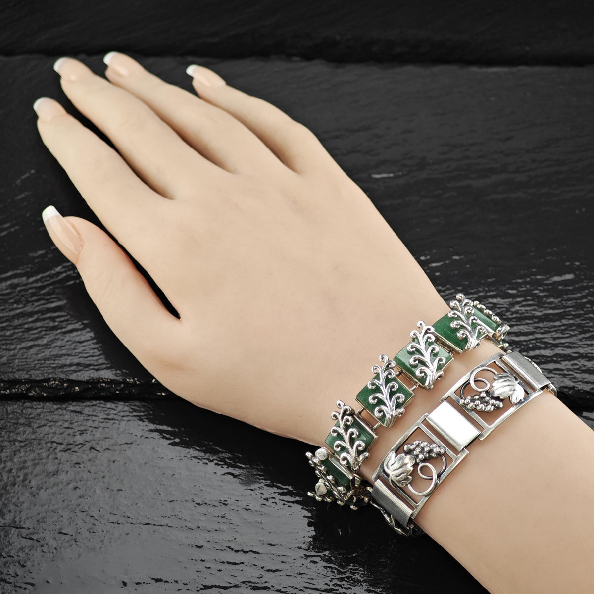 Antonio Pineda Green Gemstone Panel Link Bracelet Sterling Silver Sz 6 3/4" BR3171